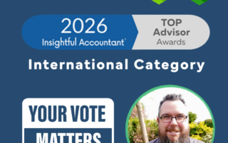 Graphic promoting Clive Hand’s nomination for Insightful Accountant’s 2026 Top Advisor Awards, International Category, with a “Your Vote Matters” message.